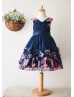 Navy Blue Printed Floral Chiffon Wedding Flower Girl Dress 